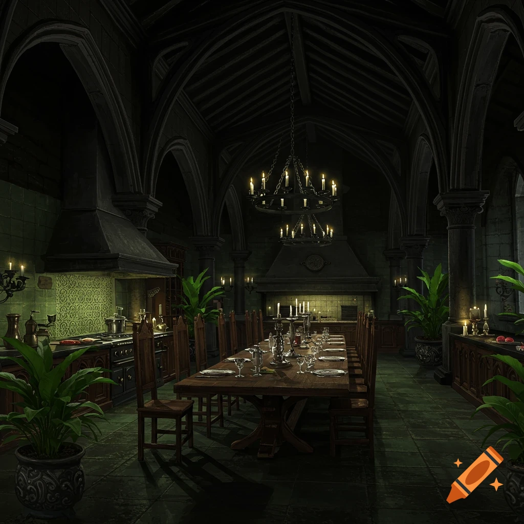 Dark gothic kitchen and dining room with arched ceilings, chandeliers, a long wooden table, and green potted plants.