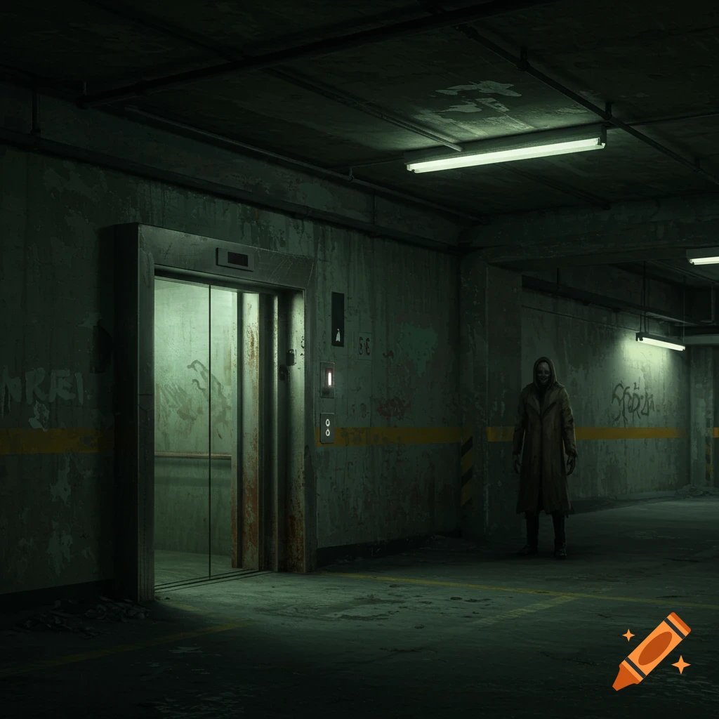 A chilling scene in a dark, grimy parking garage with an open old elevator, and a frightening, pale-faced person in a trench coat standing down the hall.