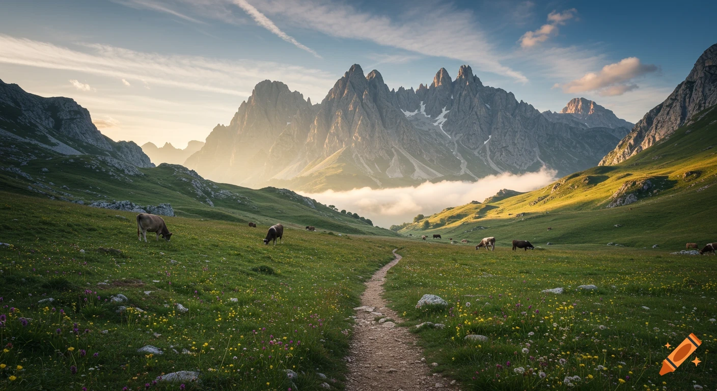 Photorealistic mountain landscape with a winding path, grazing cows in green meadows, and sharp peaks under a golden sky.