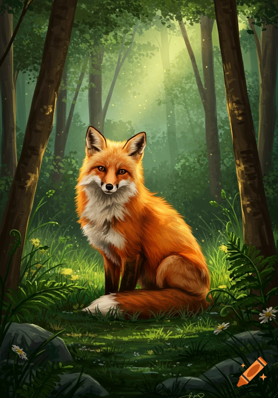 An illustrated red fox sits in a sunlit forest with green foliage, grass, and small white flowers.