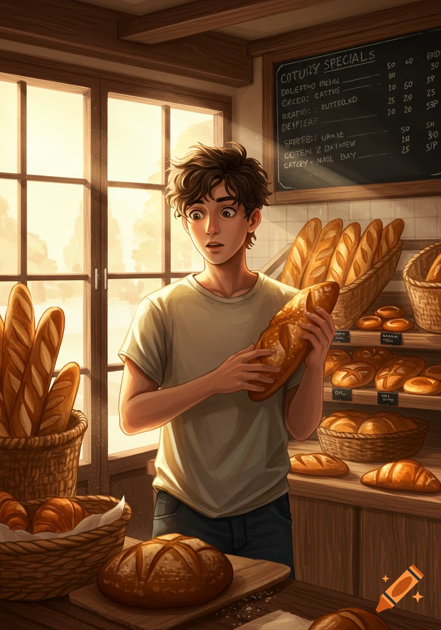 An illustrated young man holds bread in a sunlit bakery filled with various baked goods.