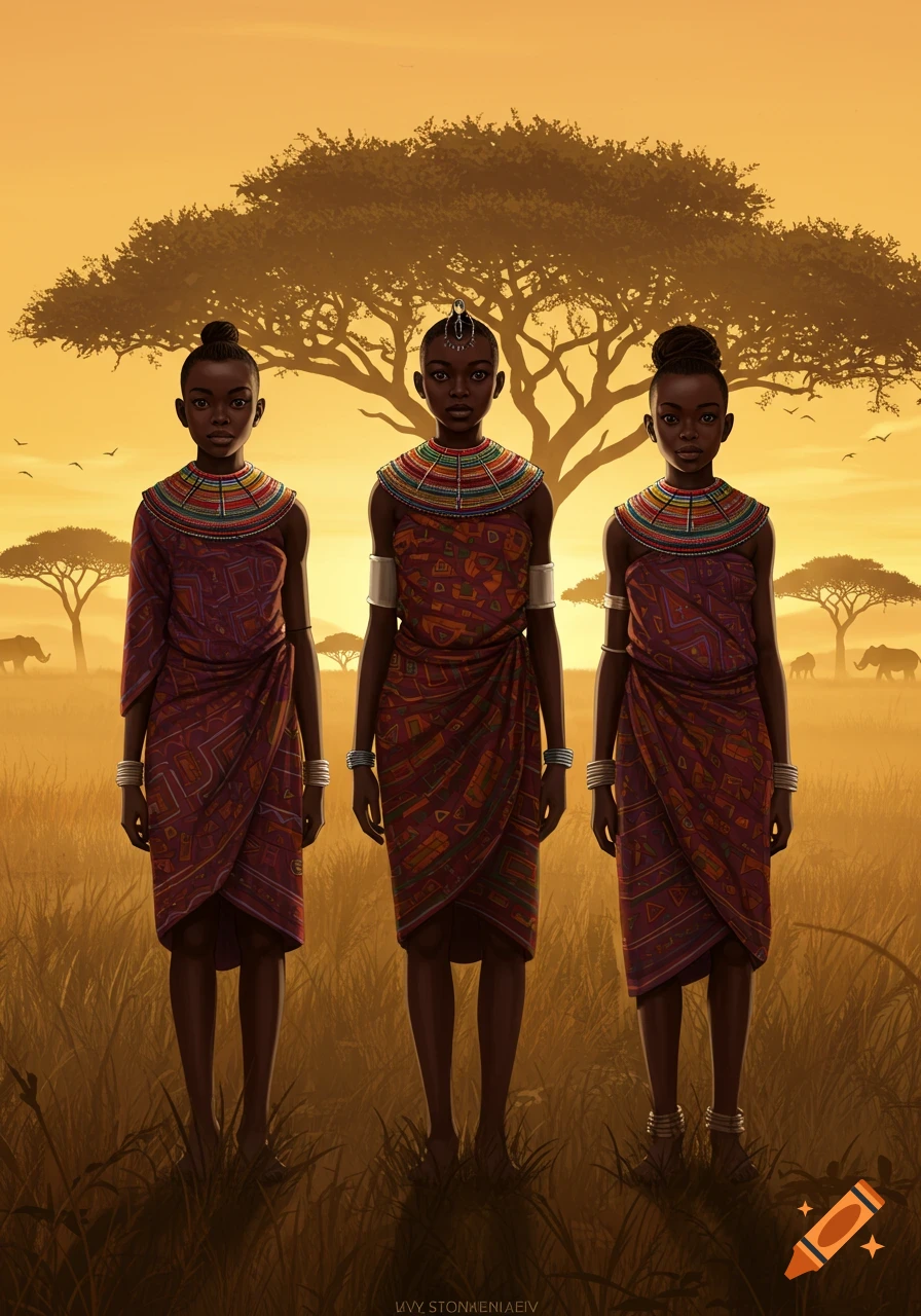 Three young African women in traditional attire stand in a golden savannah with acacia trees and elephants at sunset, illustration.