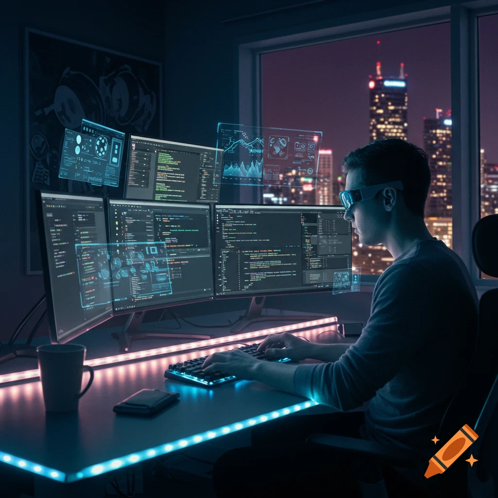 A person in futuristic glasses works at a multi-monitor desk with holographic interfaces, overlooking a city at night.