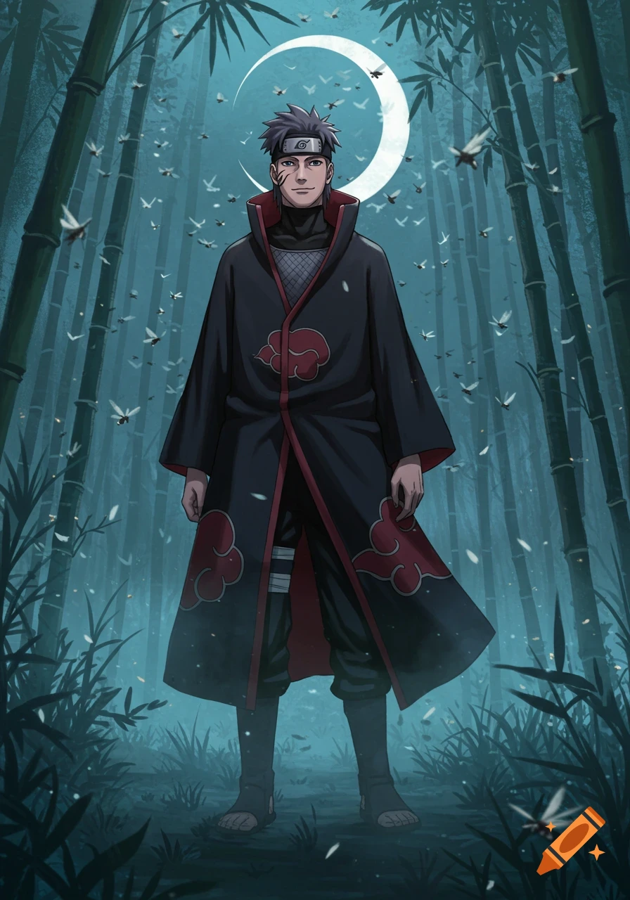 An anime ninja in an Akatsuki cloak stands in a moonlit bamboo forest surrounded by flying insects.