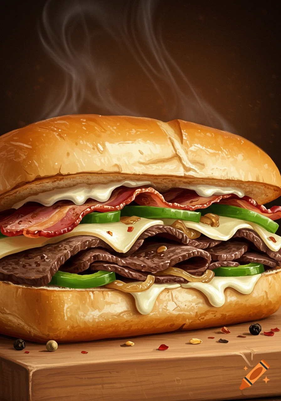 Steaming philly cheesesteak sandwich with steak, bacon, green peppers, onions, and melted cheese on a wooden board, digital painting.