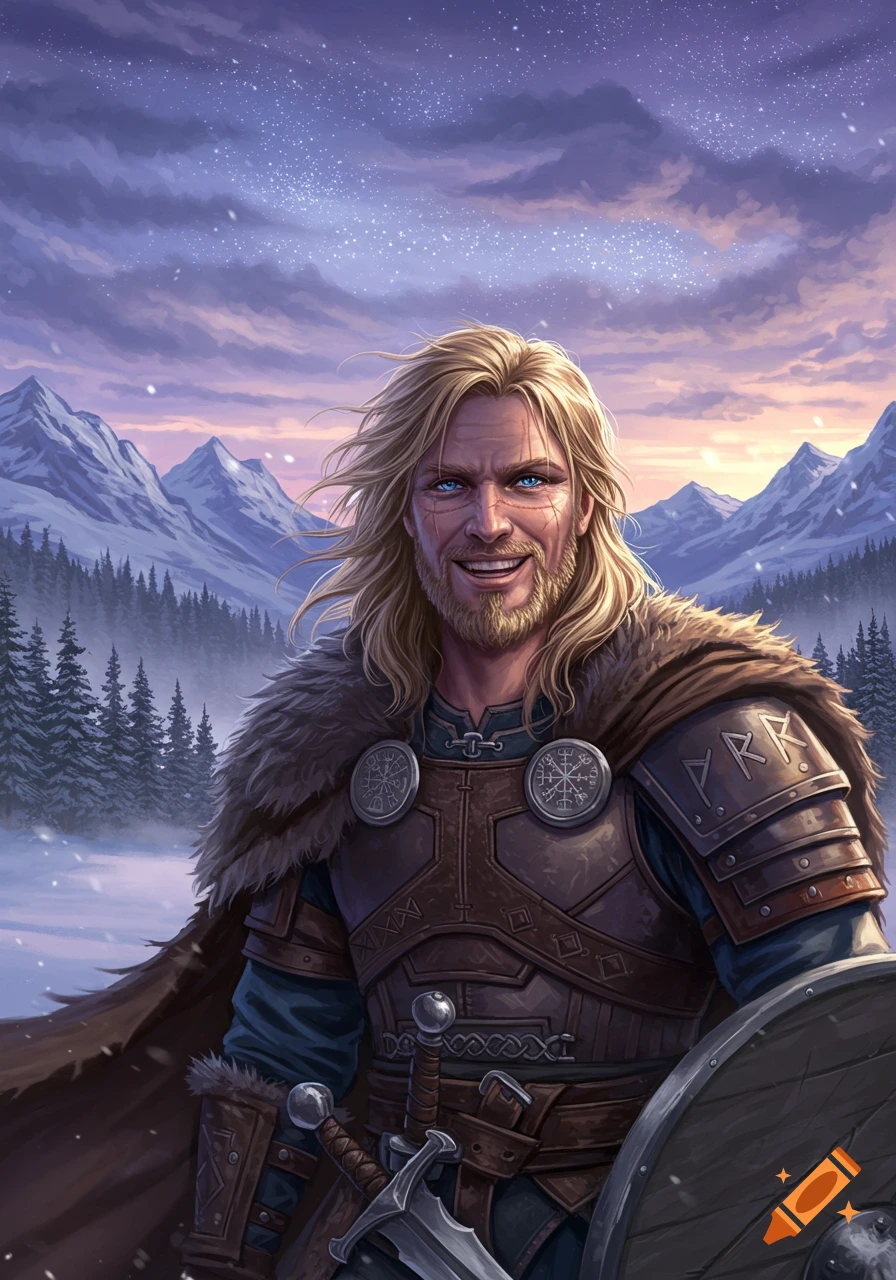 Digital art of a smiling blonde Viking man in fur and leather armor with a shield, in a snowy mountain landscape under a starry sky.