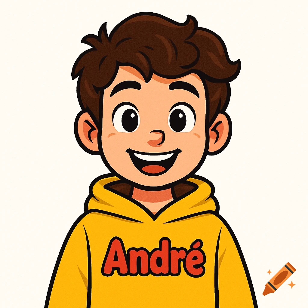 Cartoon boy with brown hair and eyes, smiling, wearing a yellow hoodie with the name André on it, against a white background.