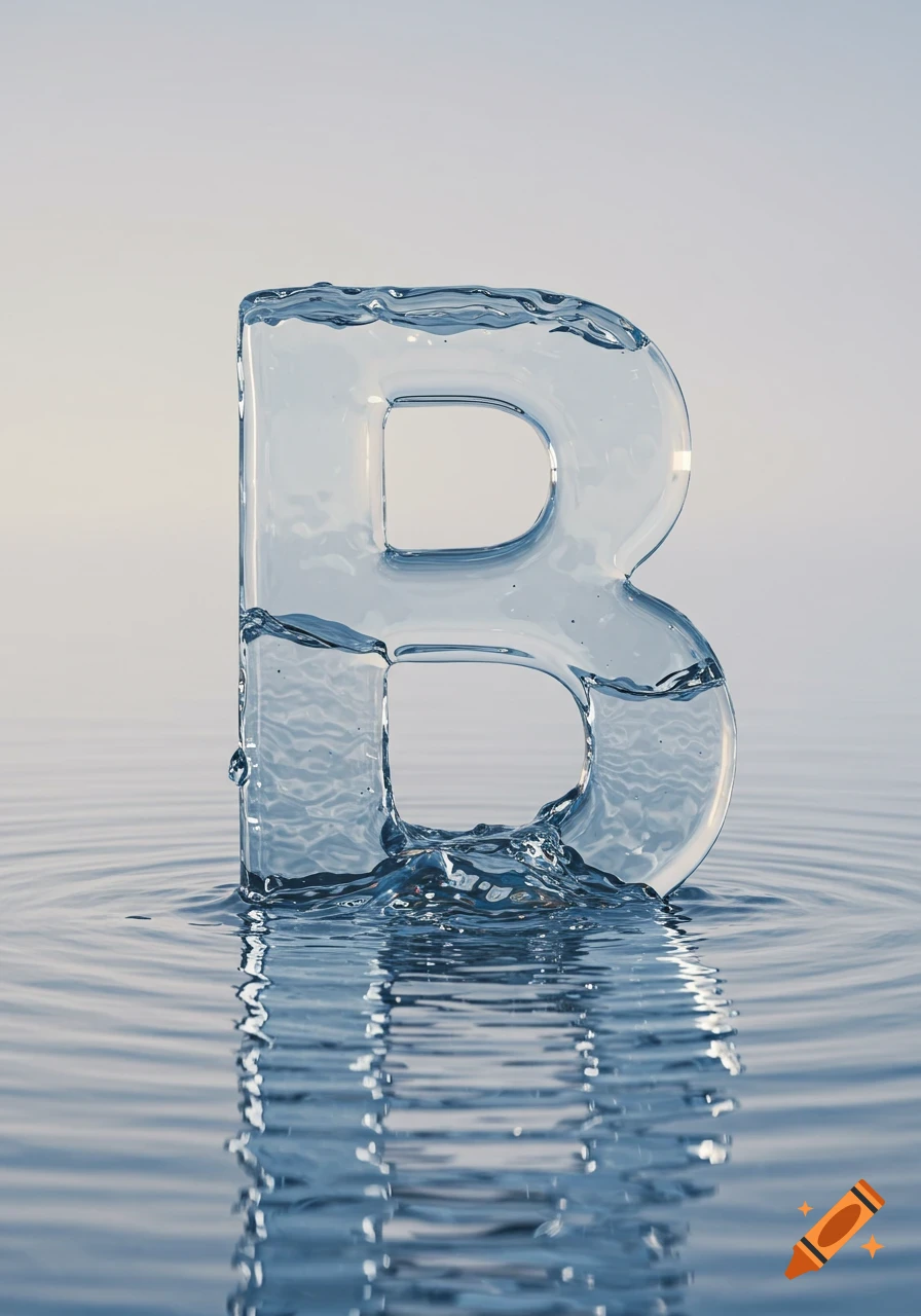 A clear, glass-like letter B, partially filled with and submerged in water, creating ripples on the surface with reflections below.