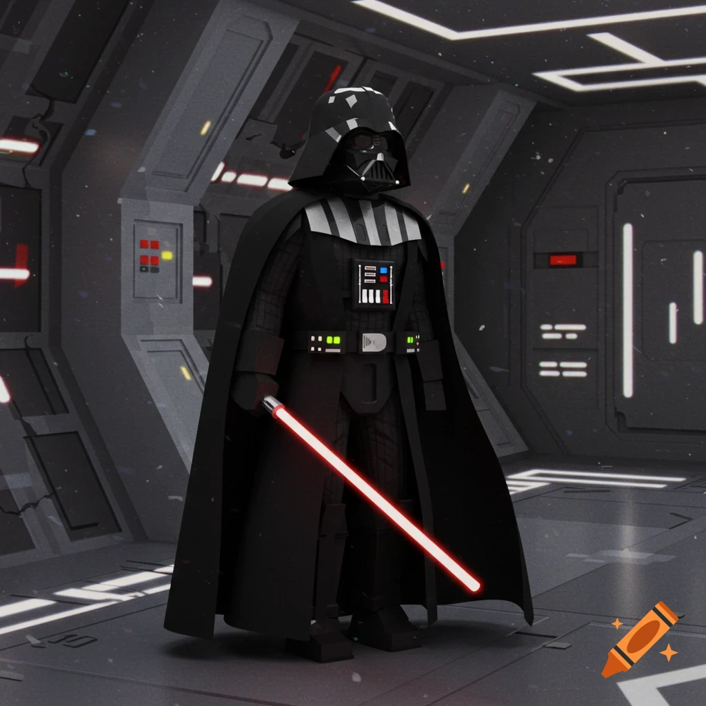 Low-poly Darth Vader with a red lightsaber stands in a dark sci-fi corridor, PS1 graphics style.