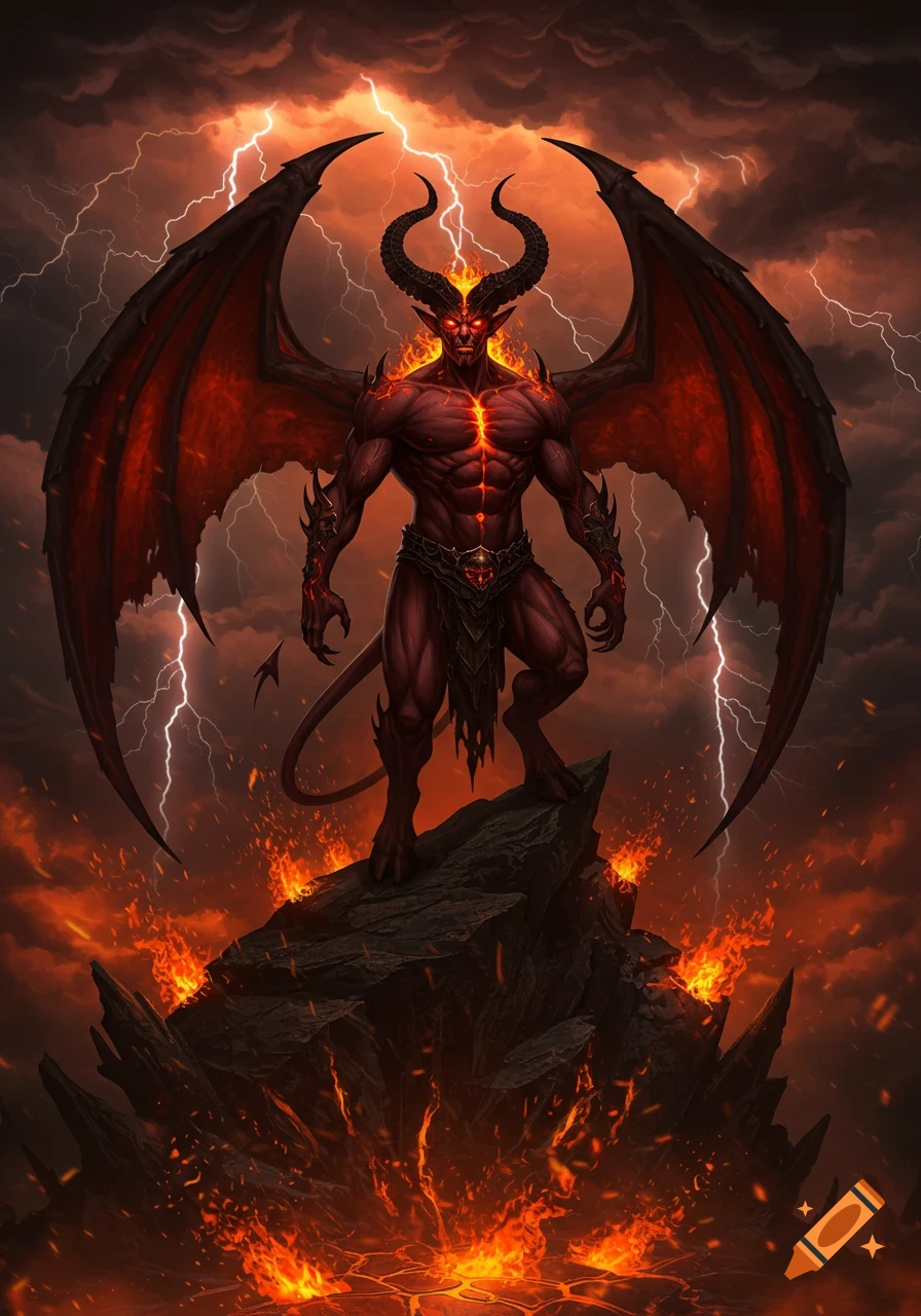 A powerful red devil with large fiery wings and horns stands on a jagged rock, surrounded by flames and lava, under a stormy sky with lightning.