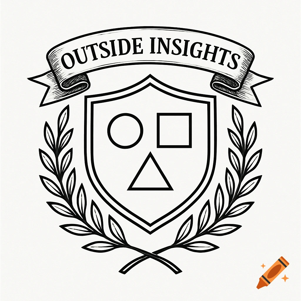 Black and white royal crest style logo with a shield containing a circle, square, and triangle, flanked by laurel branches, and a banner above reading "OUTSIDE INSIGHTS".