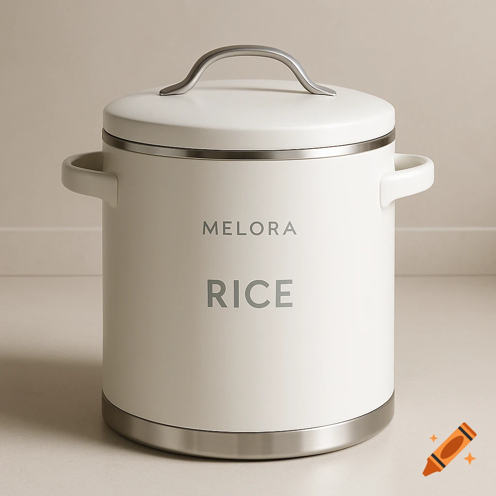 A white and silver modern cylindrical rice container with side handles and a lid, labeled 'MELORA RICE' on its body.