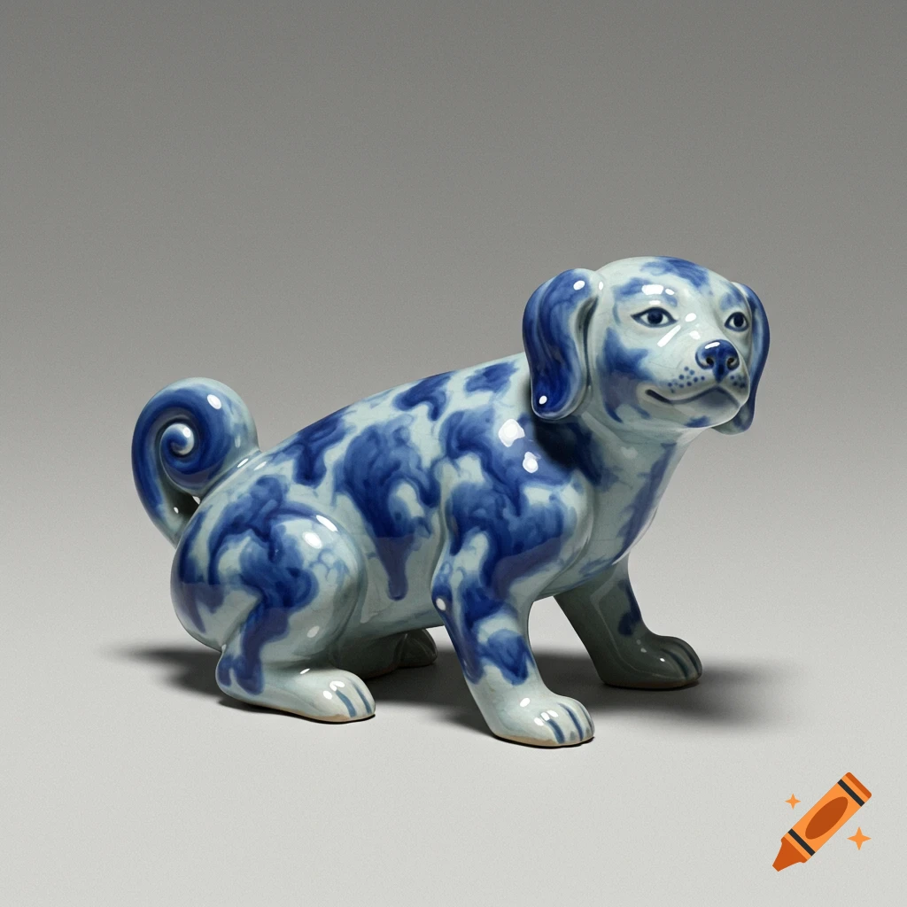 A glossy blue and white mottled porcelain dog figurine with a curled tail, crouching on a light gray background.