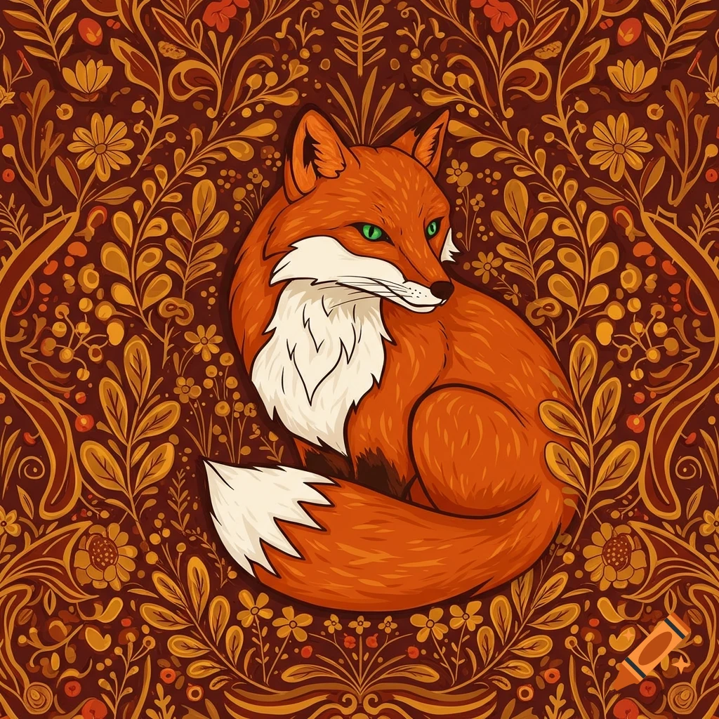 A stylized orange fox with white markings and green eyes sits against a detailed, warm-toned floral and foliage pattern.