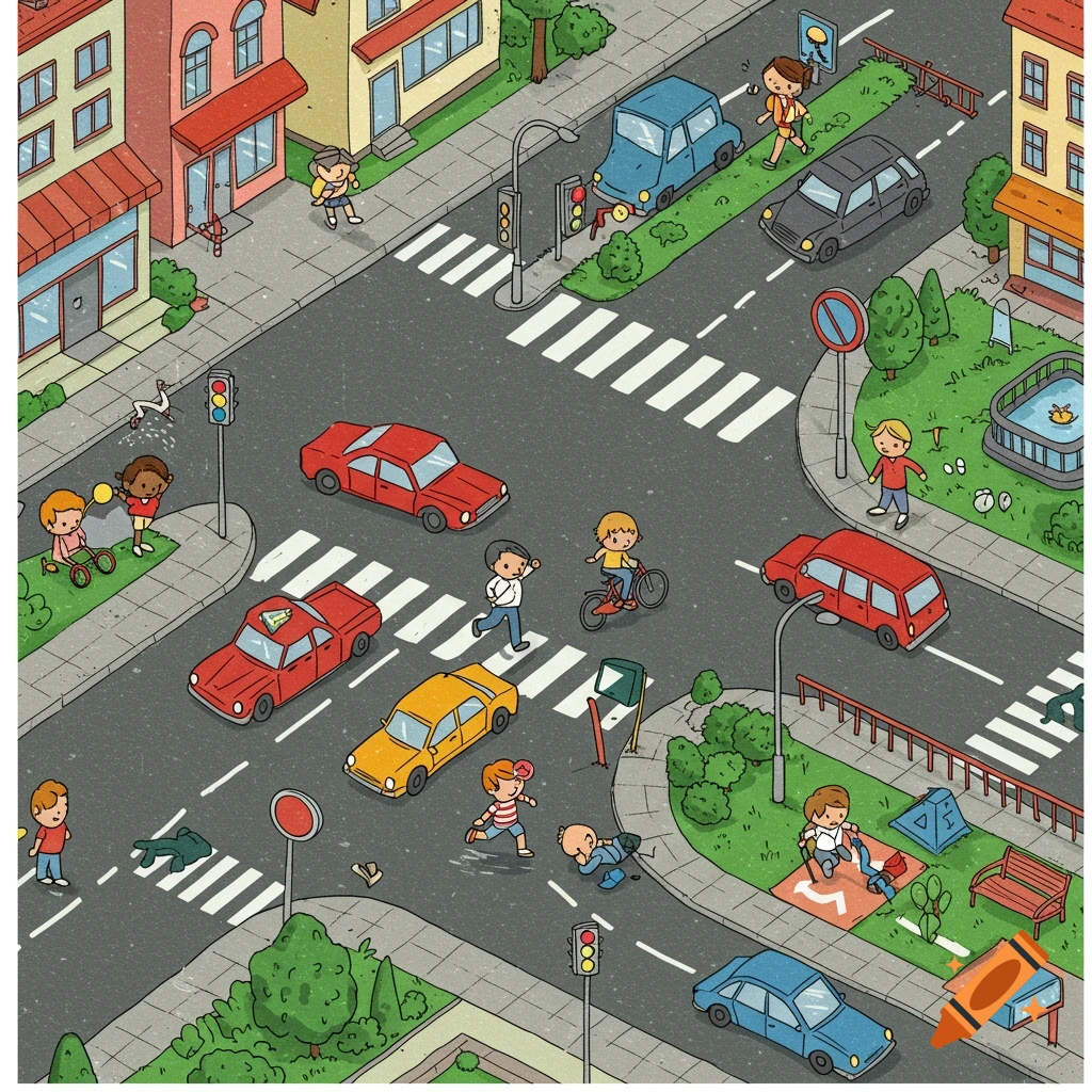 Colorful isometric cartoon of a busy city intersection with cars and people demonstrating traffic safety errors.