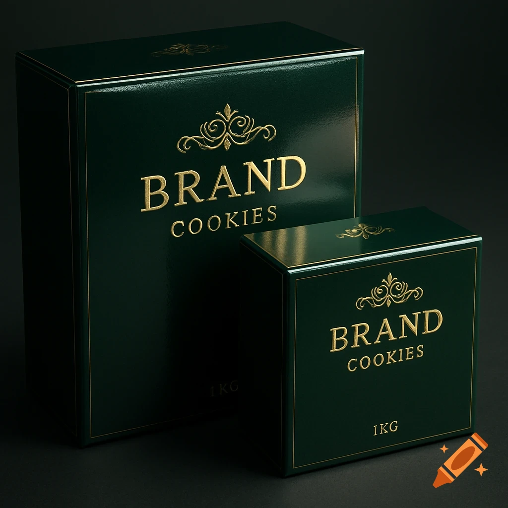 Two glossy dark green cookie boxes with gold 'BRAND COOKIES' text and logo, one large, one small, on a dark background.