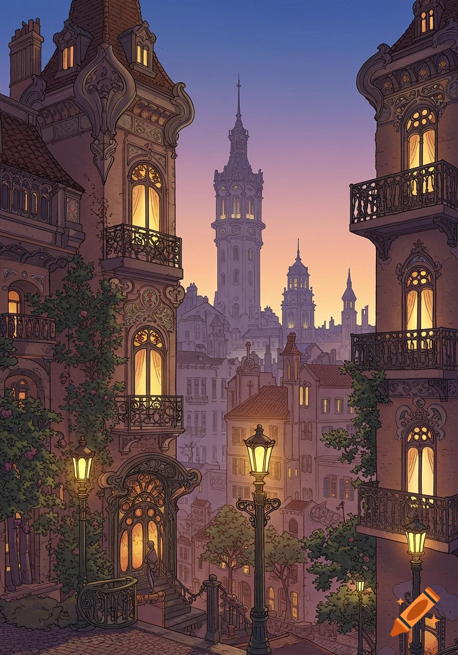 Detailed illustration of an Art Nouveau cityscape at dusk, with ornate buildings, glowing windows, and streetlights.