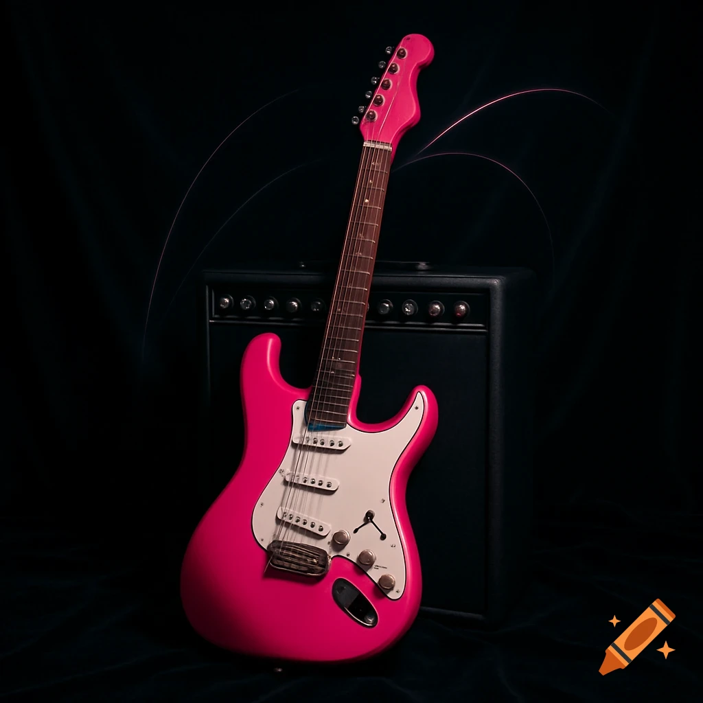 A bright pink electric guitar rests against a black amplifier on a dark background, styled like an album cover.