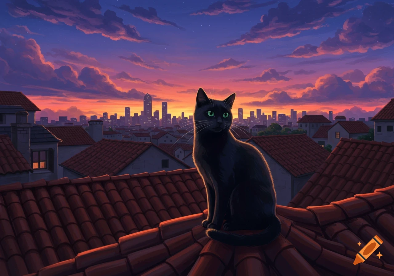 A black cat with bright green eyes sits on a tiled rooftop, overlooking a city skyline at a vibrant sunset in a stylized illustration.