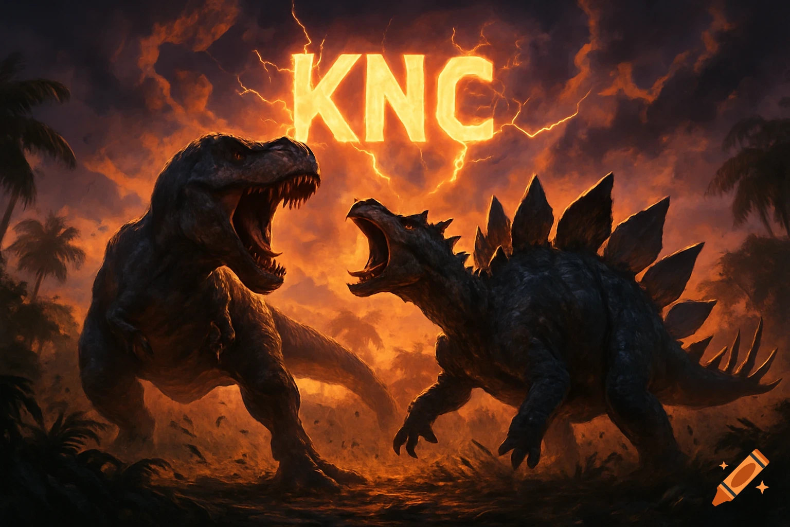 A T-Rex and Stegosaurus roar at each other under a fiery, stormy sky with lightning, featuring a glowing 'KNC' logo.