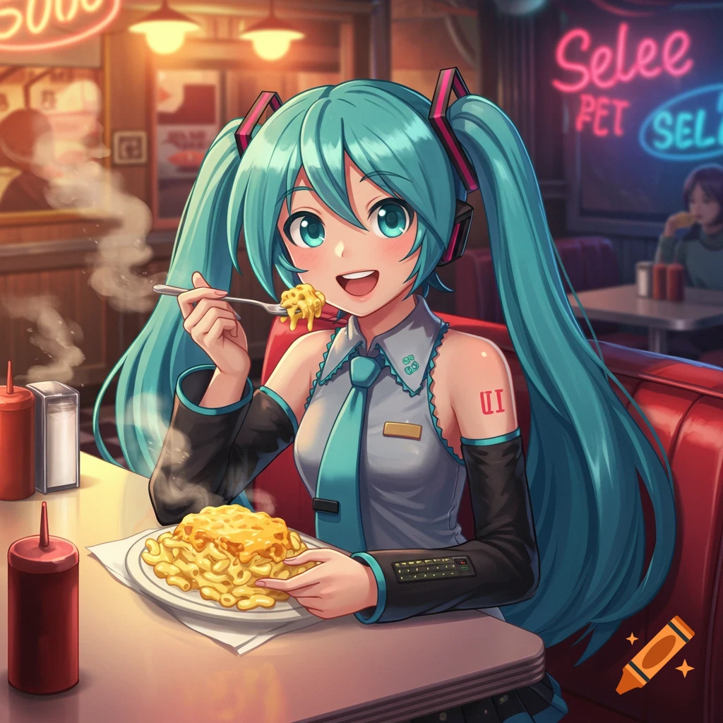 Hatsune Miku, an anime girl with long blue pigtails, smiles while eating macaroni and cheese at a diner.