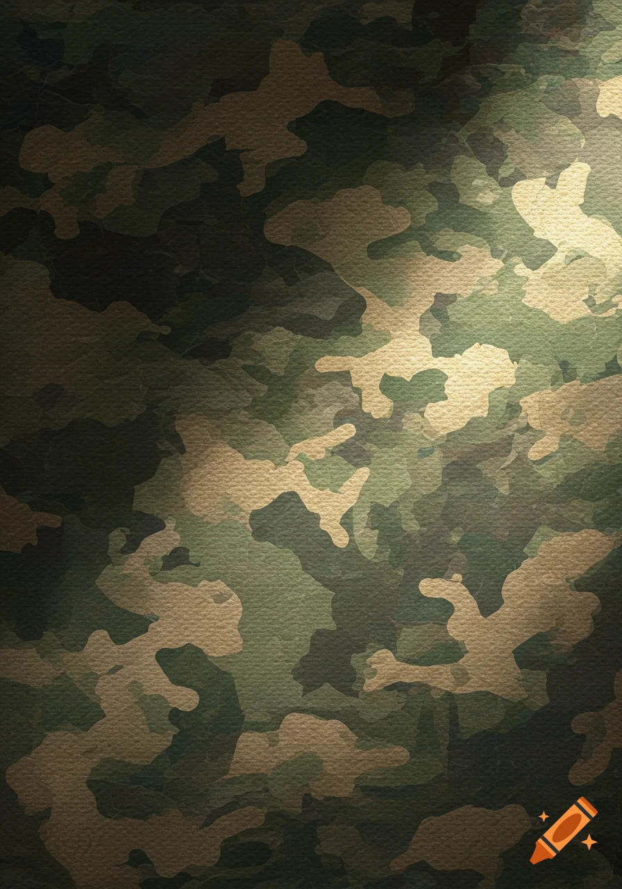 Green, brown, and tan camouflage pattern with subtle fabric texture and dappled lighting.