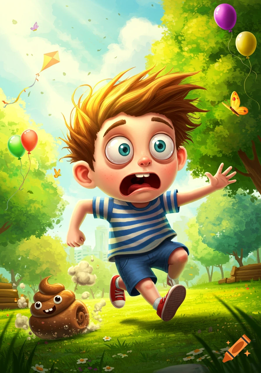 A wide-eyed cartoon boy in a striped shirt runs in fear from a smiling ...
