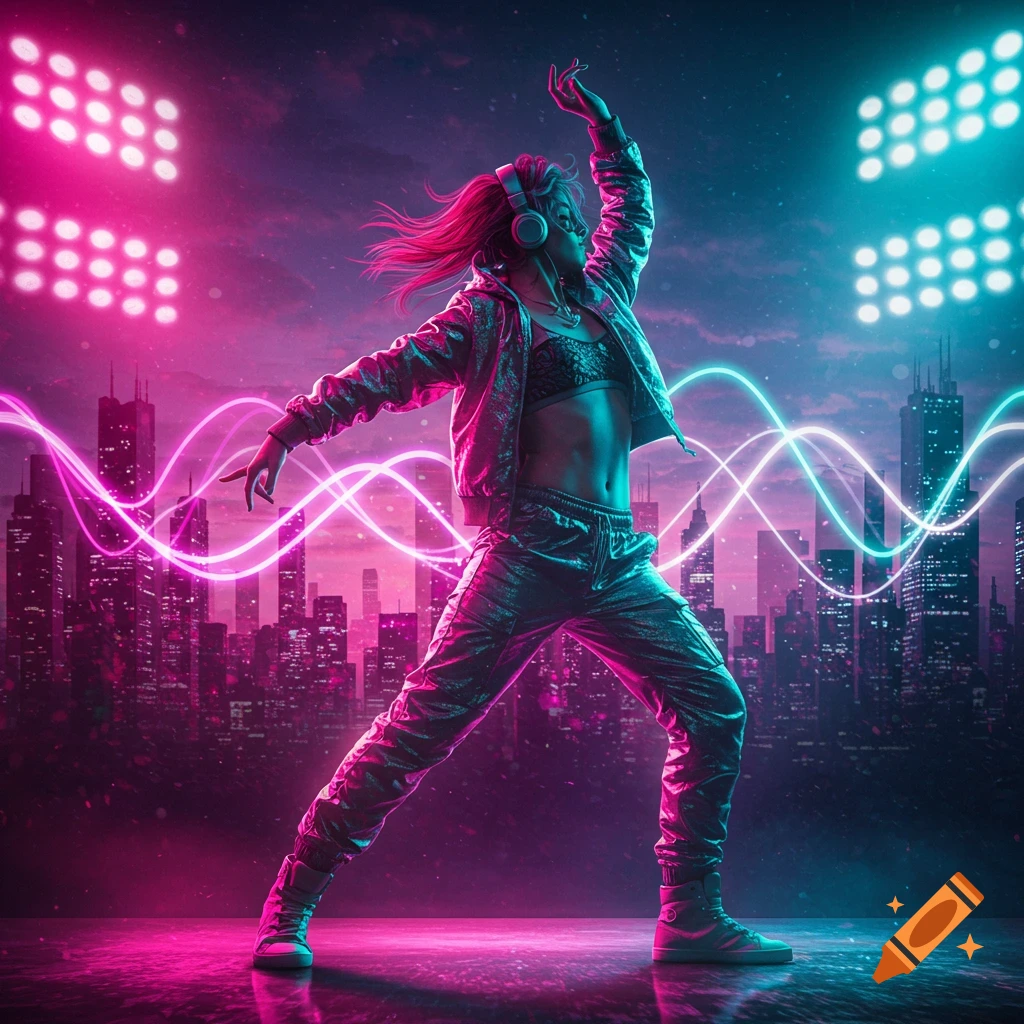 A dancer in a reflective jacket and headphones poses against a neon pink and blue cityscape with light trails.