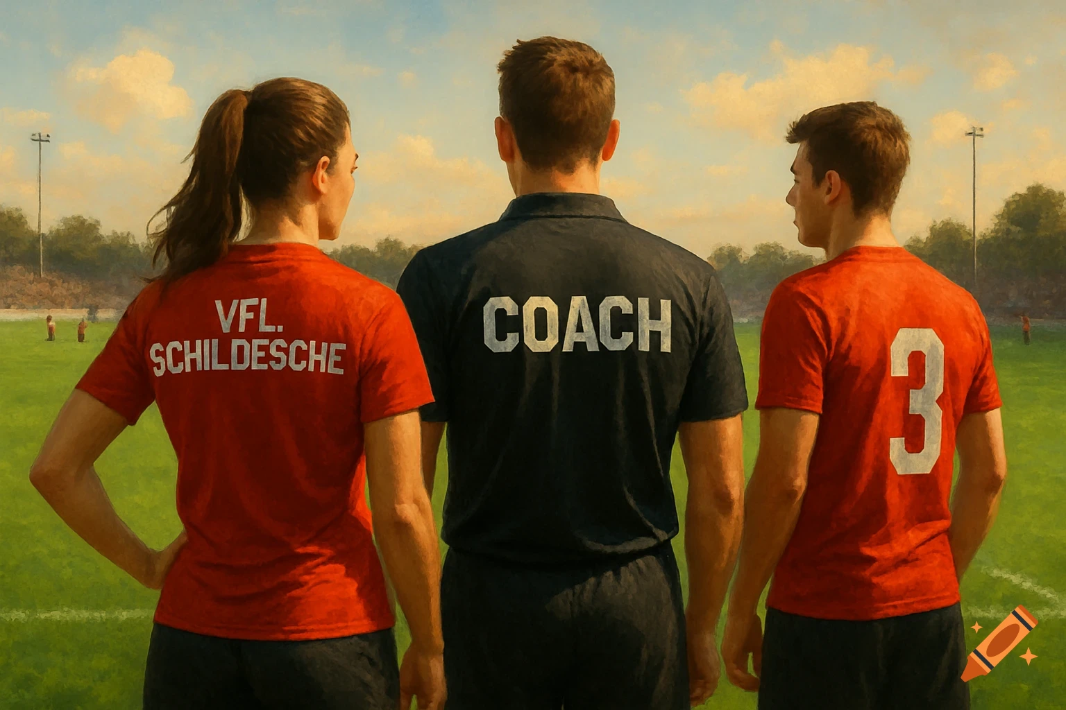 A female soccer player, a coach, and a male player stand with their backs to the camera on a soccer field in a painterly style.