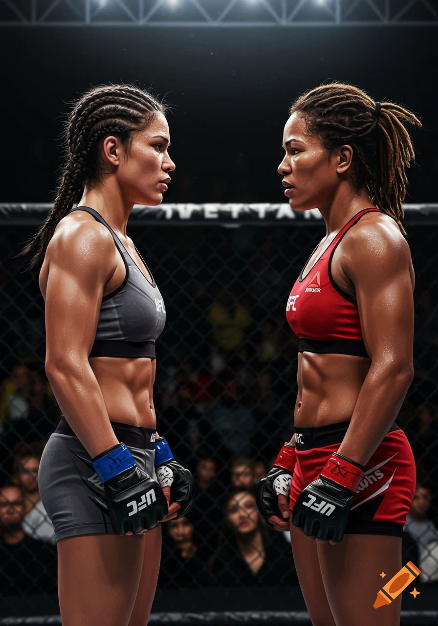 Two muscular female MMA fighters, one with braids and one with dreadlocks, face off in an octagon ring, wearing sports bras and shorts. Photorealistic.