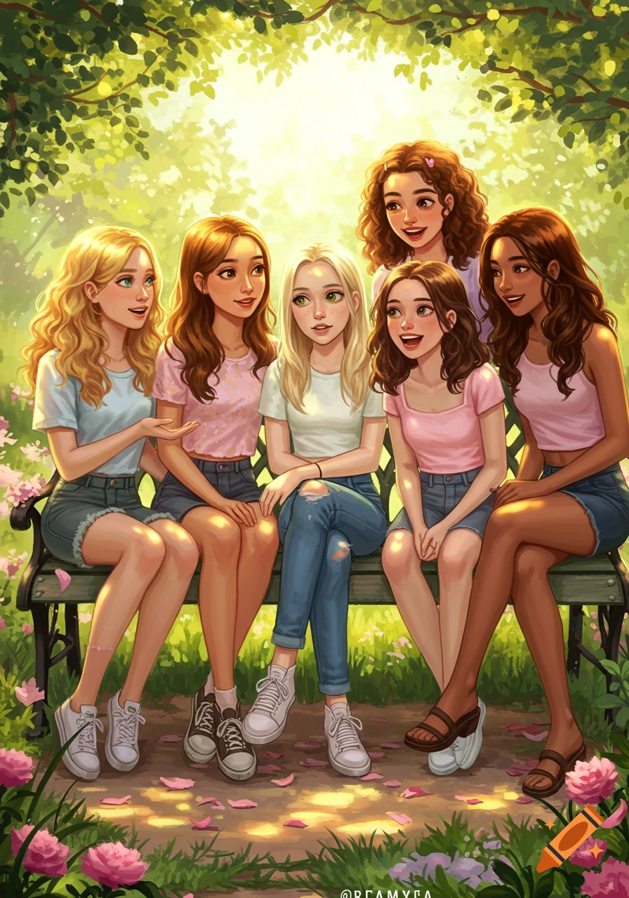 An illustration of five diverse teen girls sitting on a park bench, surrounded by green foliage and pink flowers, under a bright, sunny sky.