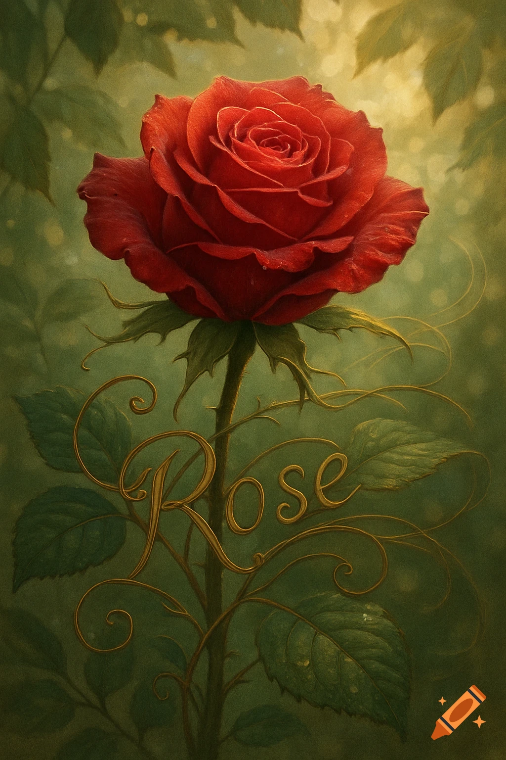 A vibrant red rose with its name 'Rose' in golden script on its stem, set against a soft, painterly green background.