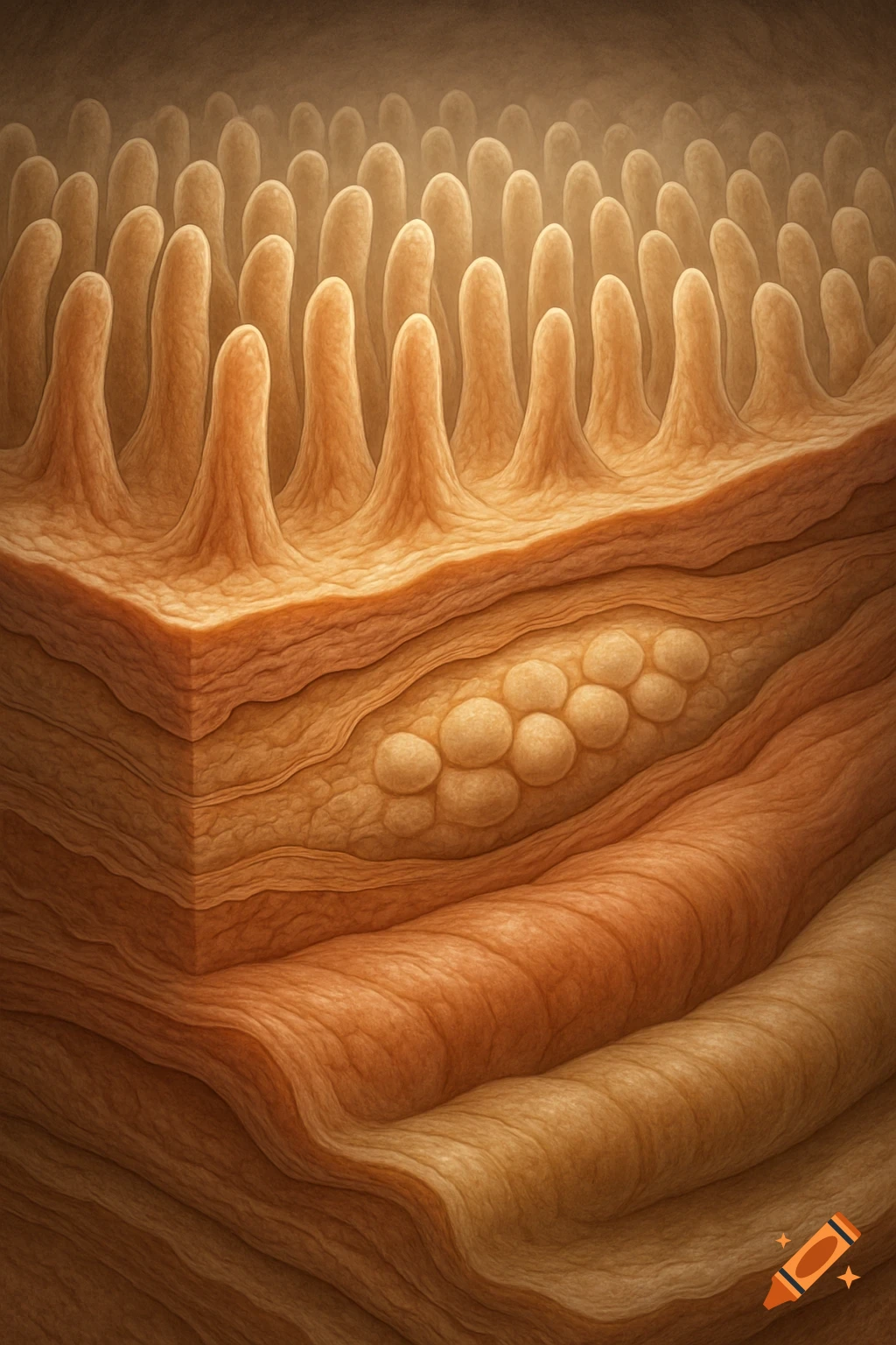 A detailed cross-section of an organ, showing layers of tissue, finger-like villi, and embedded round patches in an artistic, textured style.