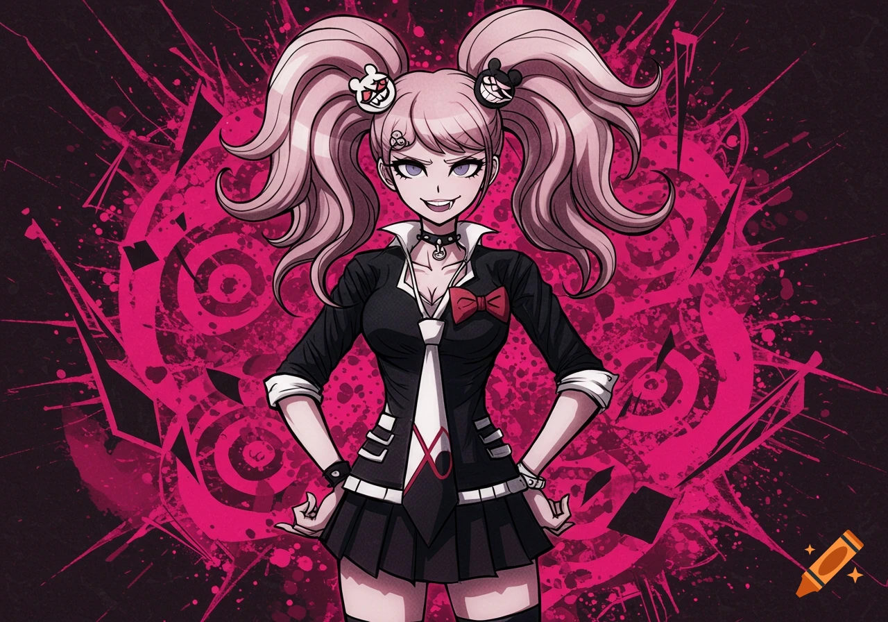 Anime character Junko Enoshima with pink pigtails in a black school uniform, smiling menacingly against a pink and black splatter background.