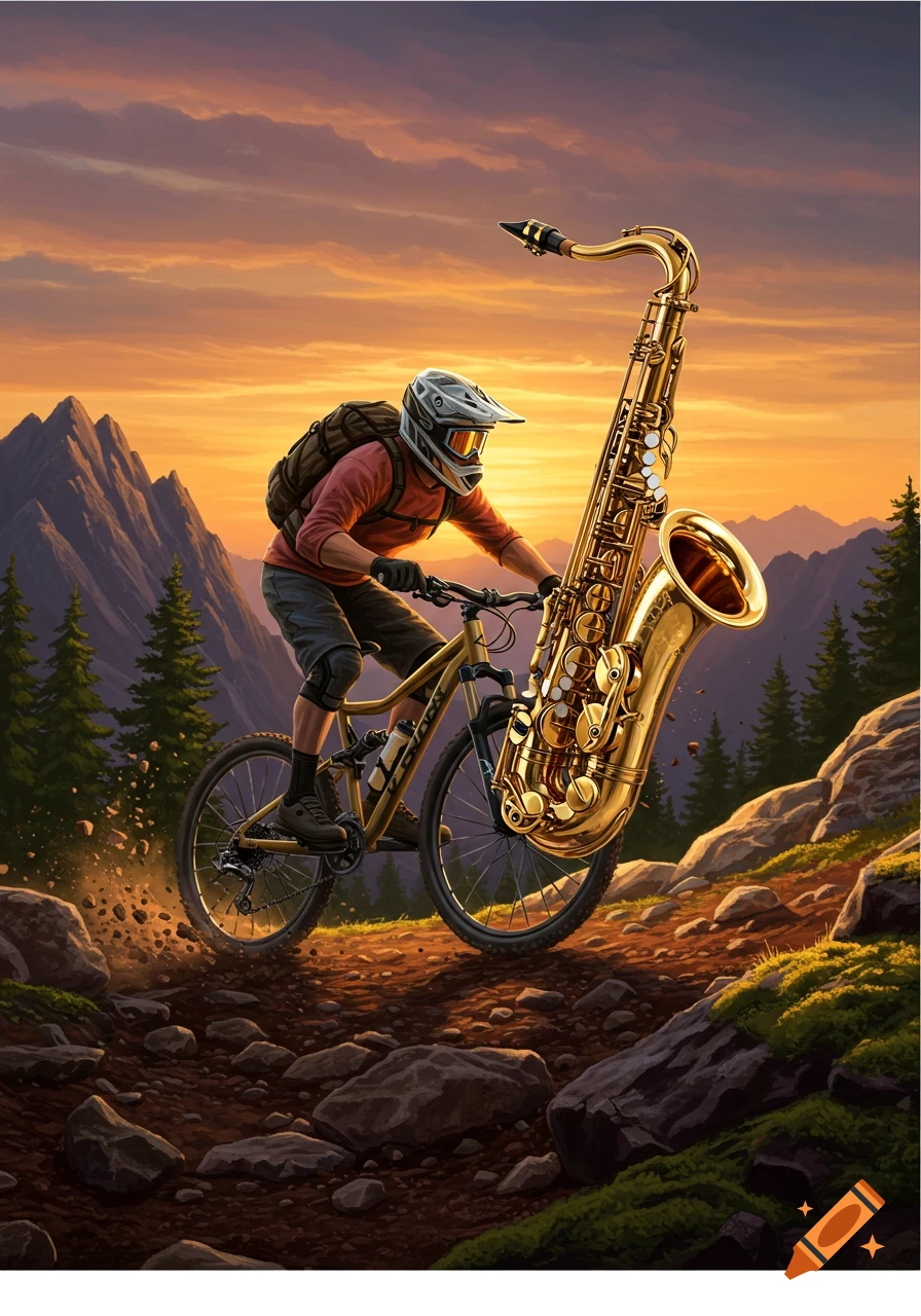 A mountain biker ascends a rocky trail at sunset, with a giant golden saxophone integrated into the front of their bicycle.