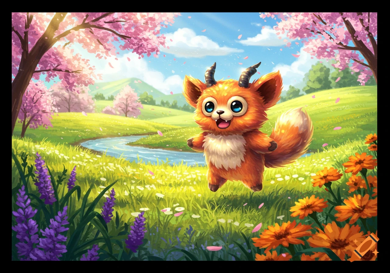 A cute, fluffy orange creature with horns and big blue eyes smiles in a vibrant spring landscape with pink cherry blossoms, a stream, and flowers. Cartoon.
