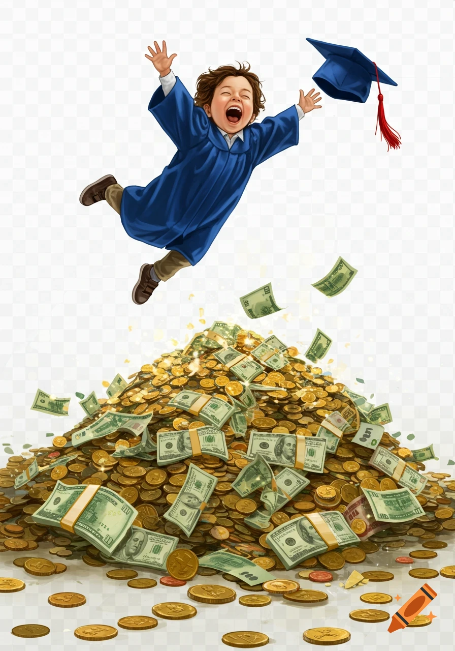 A jubilant child in a blue graduation gown and cap jumps excitedly above a large pile of gold coins and dollar bills, against a transparent background.