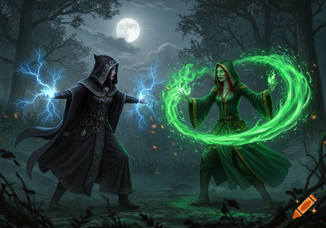 Two cloaked witches duel in a dark forest under a full moon, one casting blue lightning and the other green swirling magic.