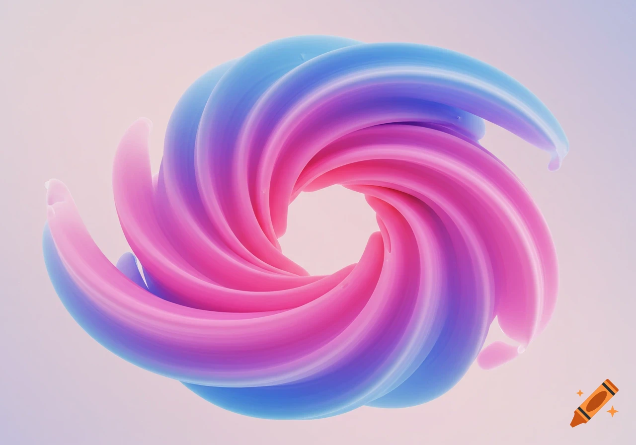 A vibrant 3D rendering of a pink and blue abstract swirl on a light background.