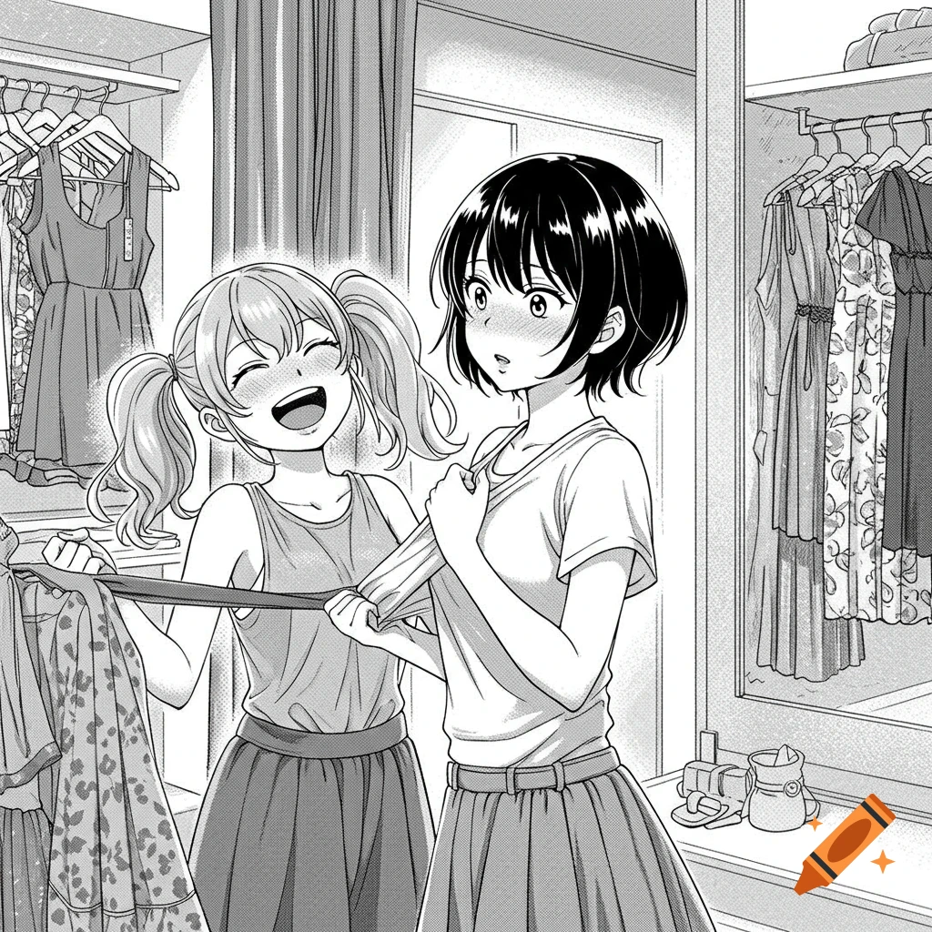 Black and white manga illustration of two young women playfully trying on clothes in a fitting room, one laughing while pulling a dress strap.