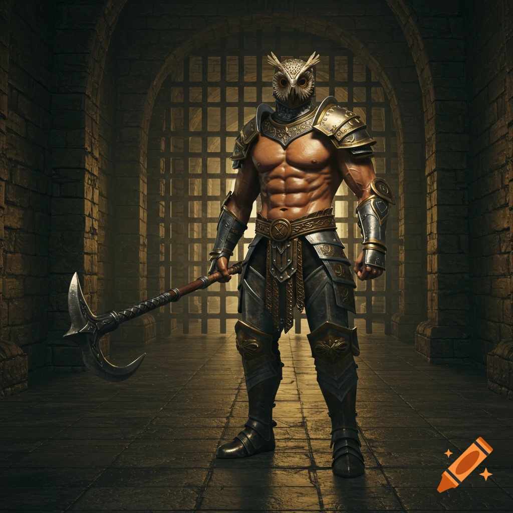 A muscular, bare-chested warrior with an owl mask and brass armor stands in a stone corridor, holding a warpick before a closed portcullis.