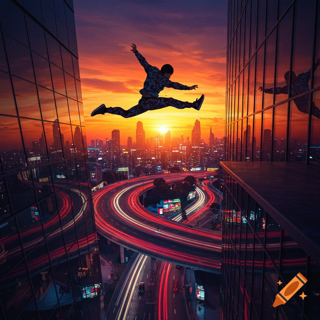 Person leaps between skyscrapers over a city highway at sunset, with light trails.