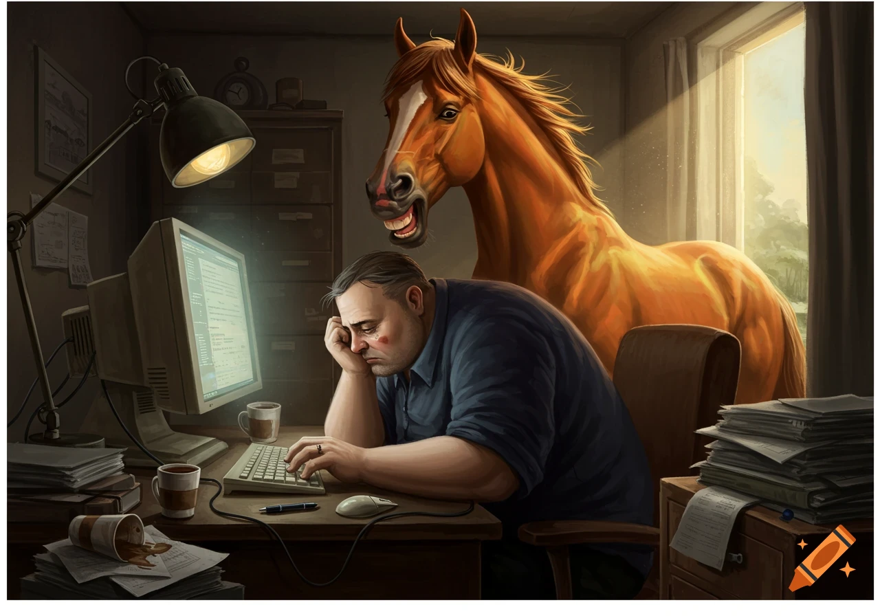 A tired man works at a retro computer in a dimly lit office while a large, brown horse with a wide grin laughs behind him.