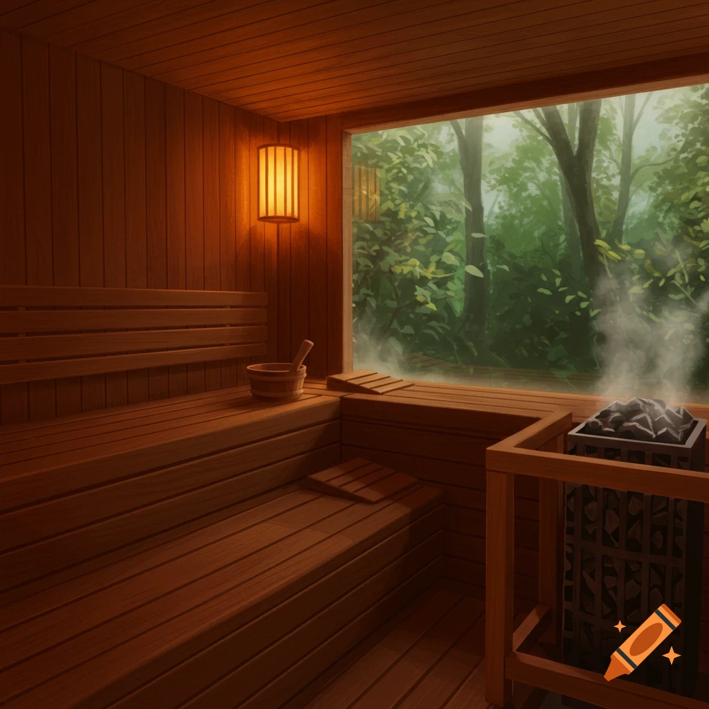 A cozy, warm wooden sauna room with tiered benches, a bucket, a wall light, and a heater with steam rising, overlooking a misty green forest through a large window.