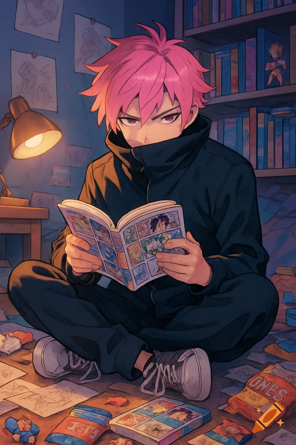 Anime-style guy with pink hair and a black jacket, sitting cross-legged in a messy room, reading a comic book under a desk lamp.