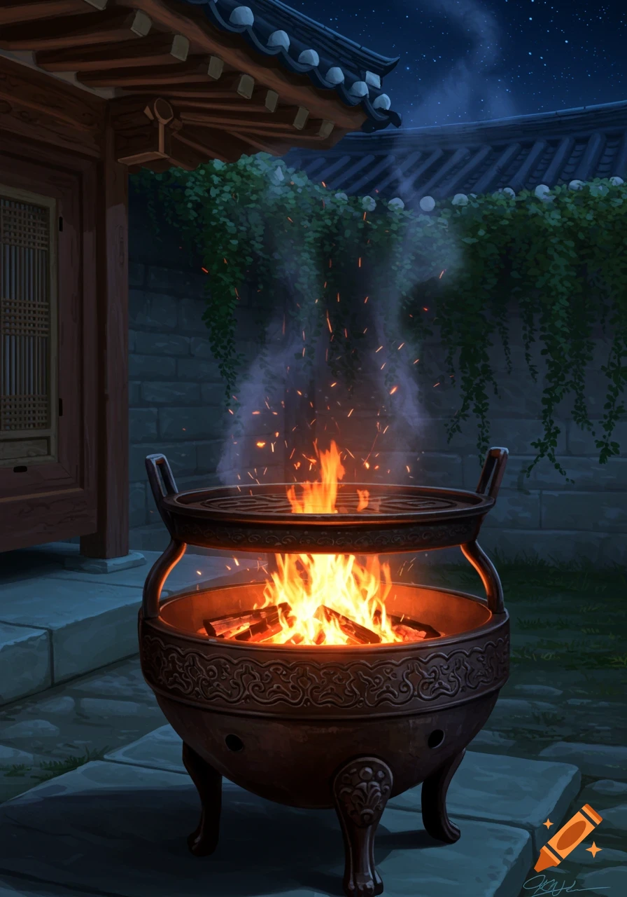 A lit fire pit with burning logs and embers glows in the courtyard of a traditional East Asian building at night, with stars in the sky.