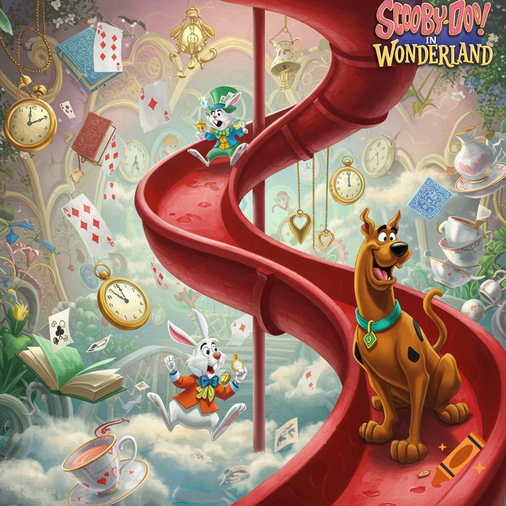 Scooby-Doo and the White Rabbit slide down a red spiral slide in a magical Wonderland scene with floating cards, clocks, and teacups.