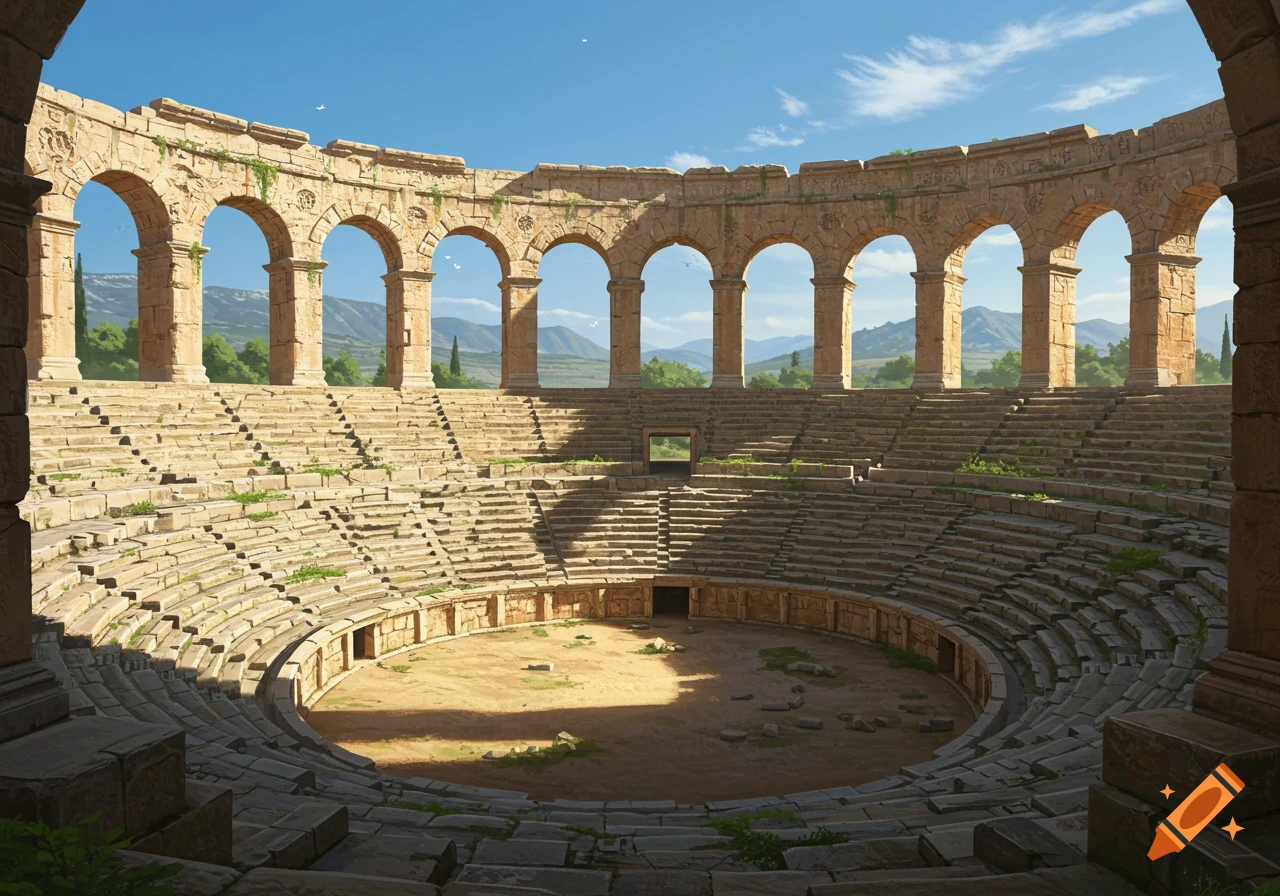 A panoramic view of an ancient, open-air stone amphitheater with tiered seating, arches, and a distant mountainous landscape under a clear blue sky.