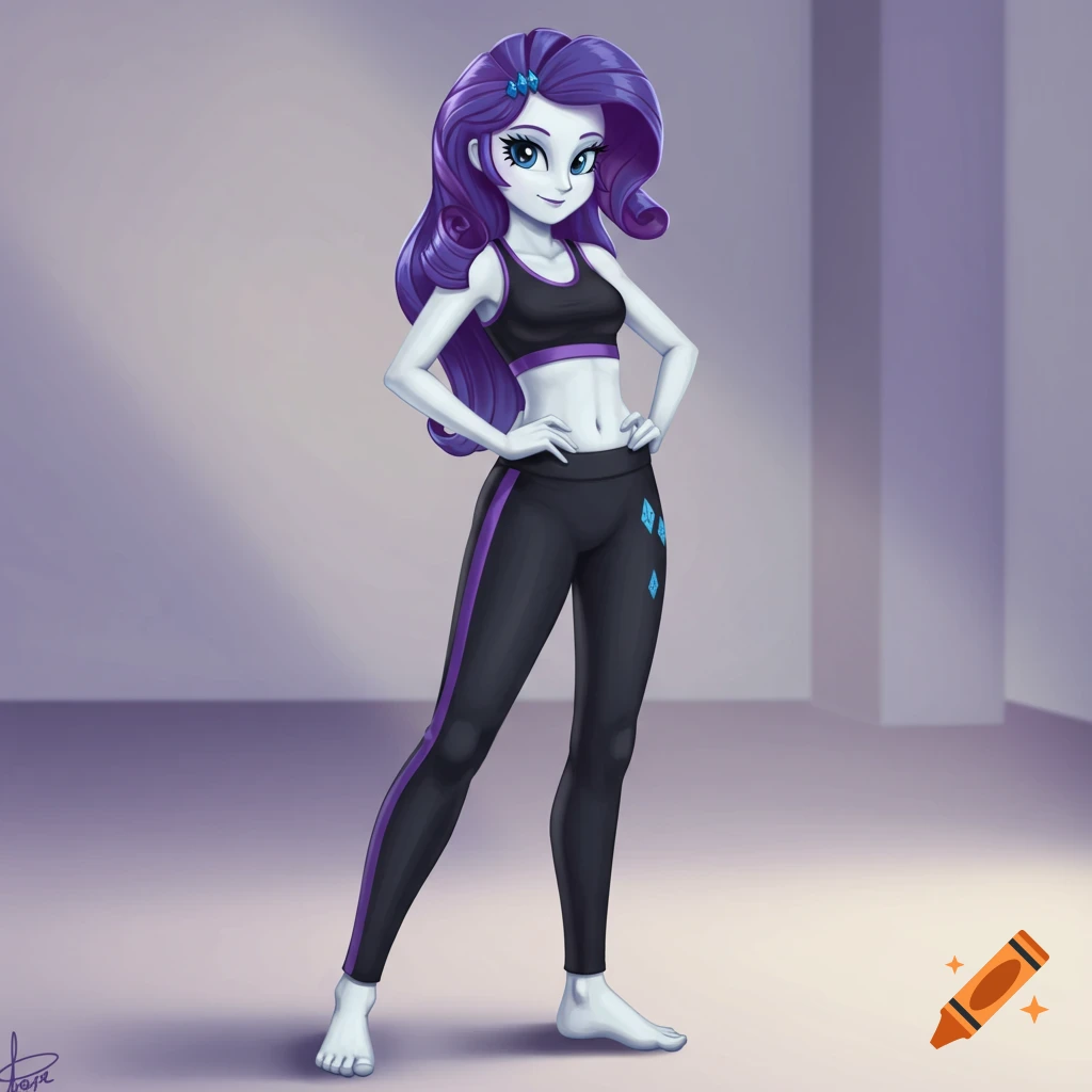 Anime character Rarity from My Little Pony Equestria Girls in a black sports bra and yoga pants, standing with hands on hips.