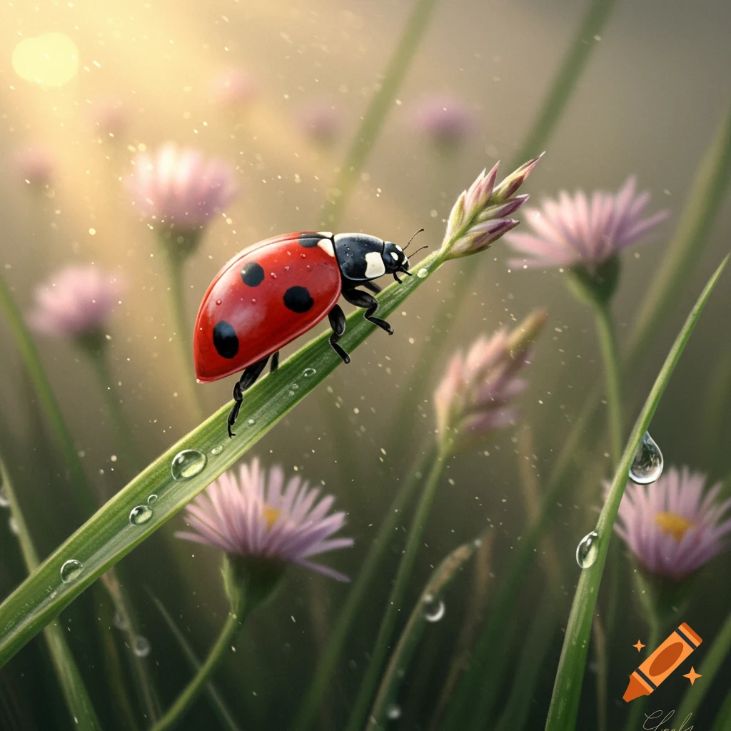 Close-up of a red ladybug with black spots on a dewy blade of grass, surrounded by soft pink flowers in a sunlit meadow.